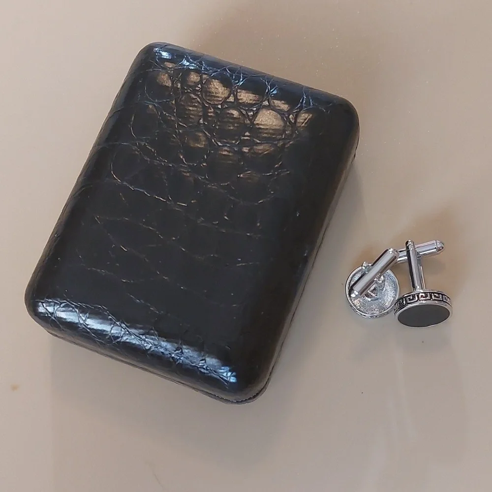 Saddlebred Greek Key Pattern Black Enameled Silver Tone Cuff Links